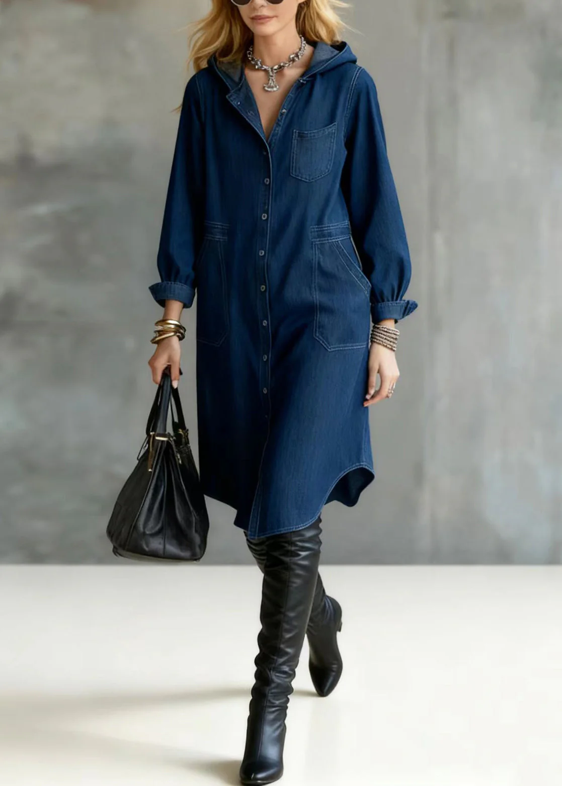 Unique Navy Hooded Button Down Denim Maxi Dresses Spring - Image 5