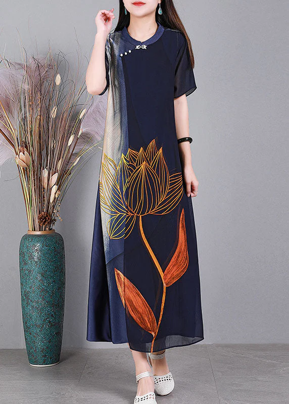 Unique Navy O-Neck Print Tulle Patchwork Silk Party Dress Short Sleeve - Image 3