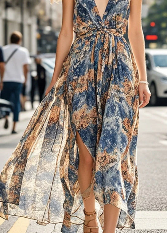 Unique Navy Tie Waist Print Chiffon Beach Dress Sleeveless - Image 4