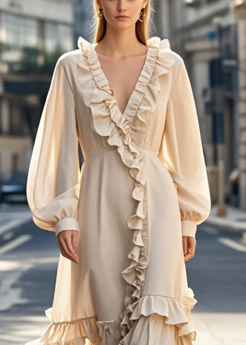 Unique Nude Asymmetrical Design Ruffled Chiffon Dress Spring - Image 2