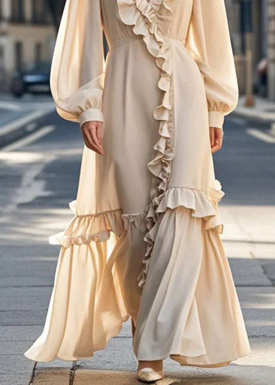 Unique Nude Asymmetrical Design Ruffled Chiffon Dress Spring - Image 4