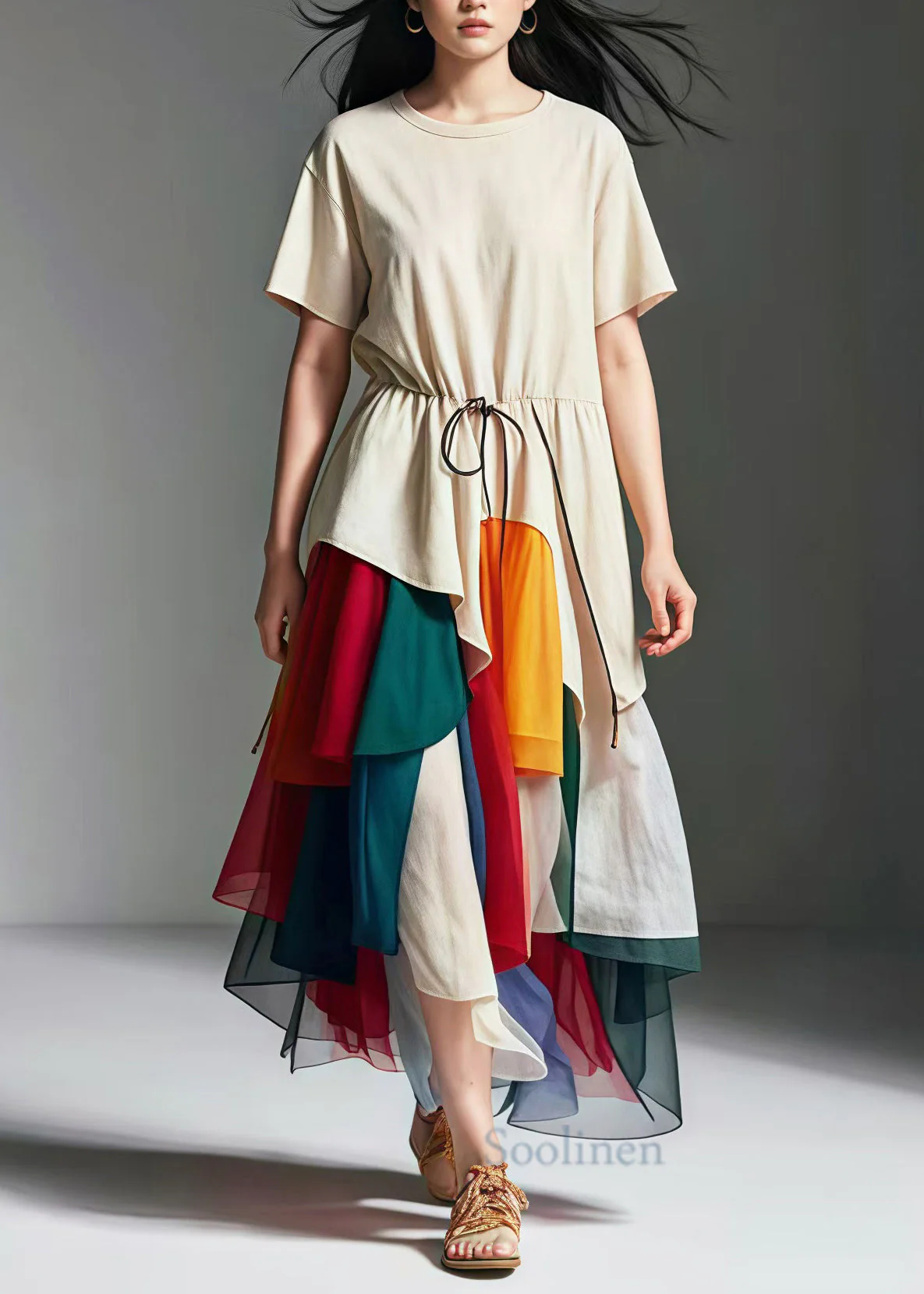 Unique Nude Cinched Patchwork Tulle Cotton Long Dress Summer - Image 2