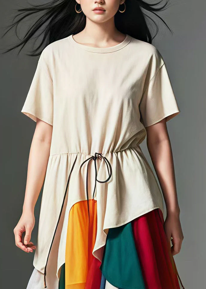 Unique Nude Cinched Patchwork Tulle Cotton Long Dress Summer - Image 3