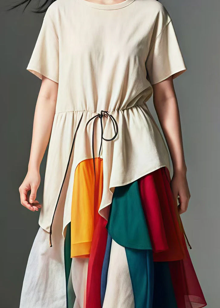 Unique Nude Cinched Patchwork Tulle Cotton Long Dress Summer - Image 4