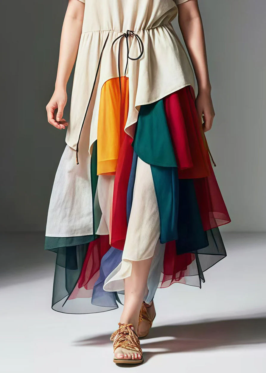 Unique Nude Cinched Patchwork Tulle Cotton Long Dress Summer - Image 5