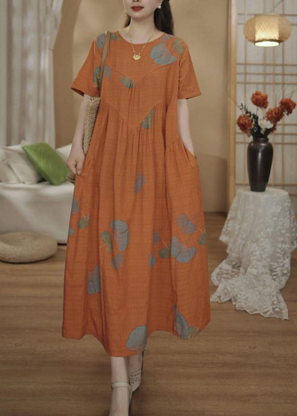 Unique Orange Oversized Print Cotton Maxi Dresses Summer - Image 2
