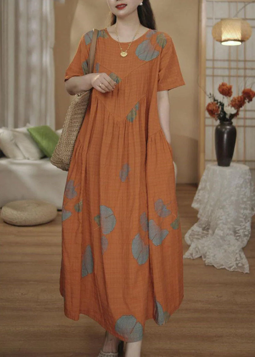 Unique Orange Oversized Print Cotton Maxi Dresses Summer - Image 3