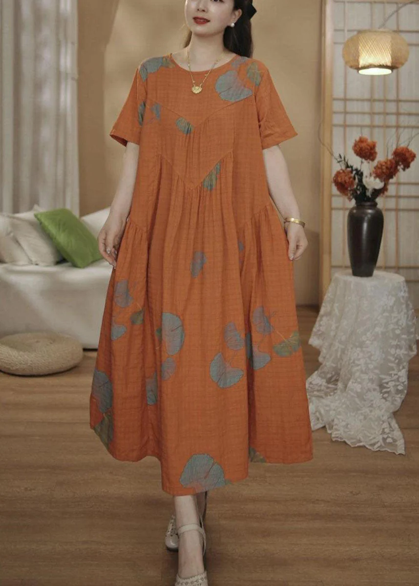 Unique Orange Oversized Print Cotton Maxi Dresses Summer - Image 4