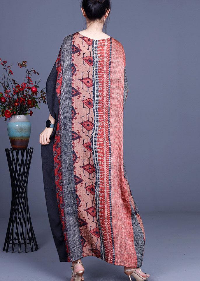 Unique Orange Print Patchwork Summer Silk Maxi Dresses Batwing Sleeve - Image 4