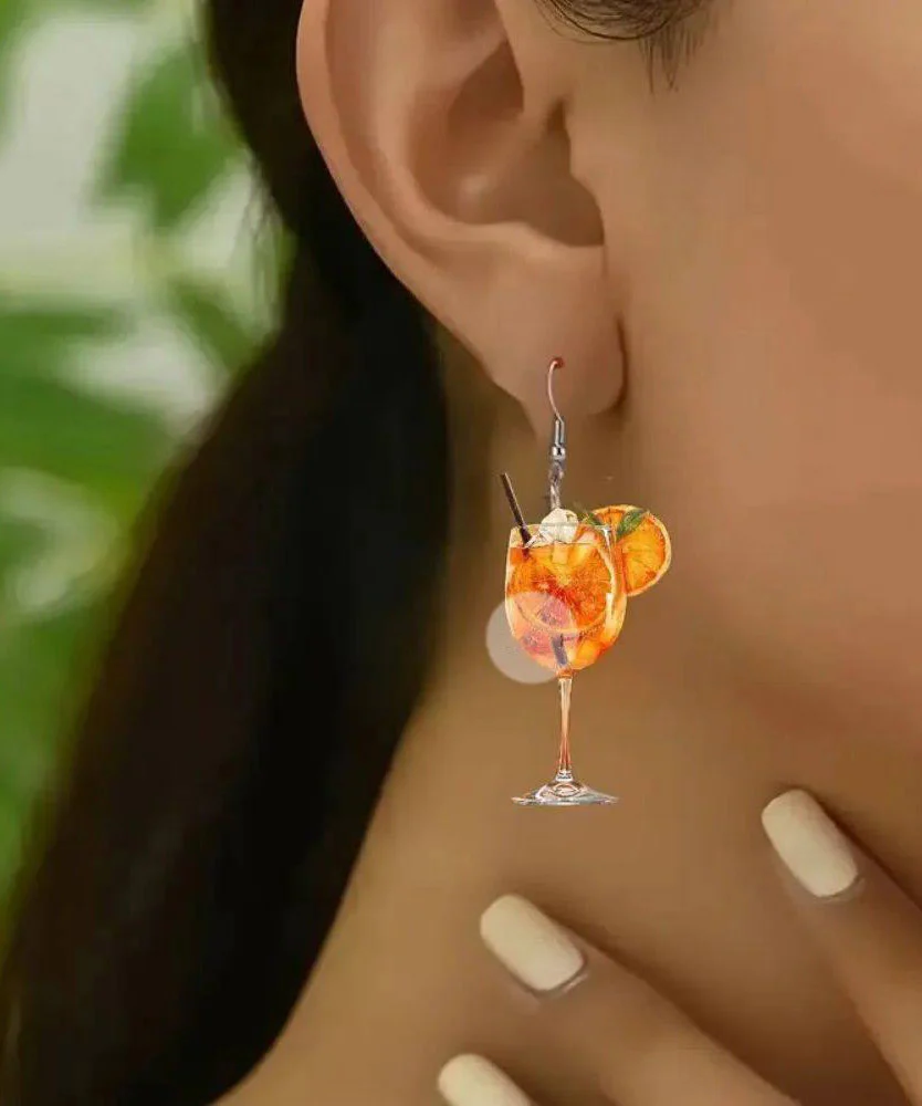 Unique Orange Stainless Steel Wine Glass Orange Juice Drop Earrings - Image 2