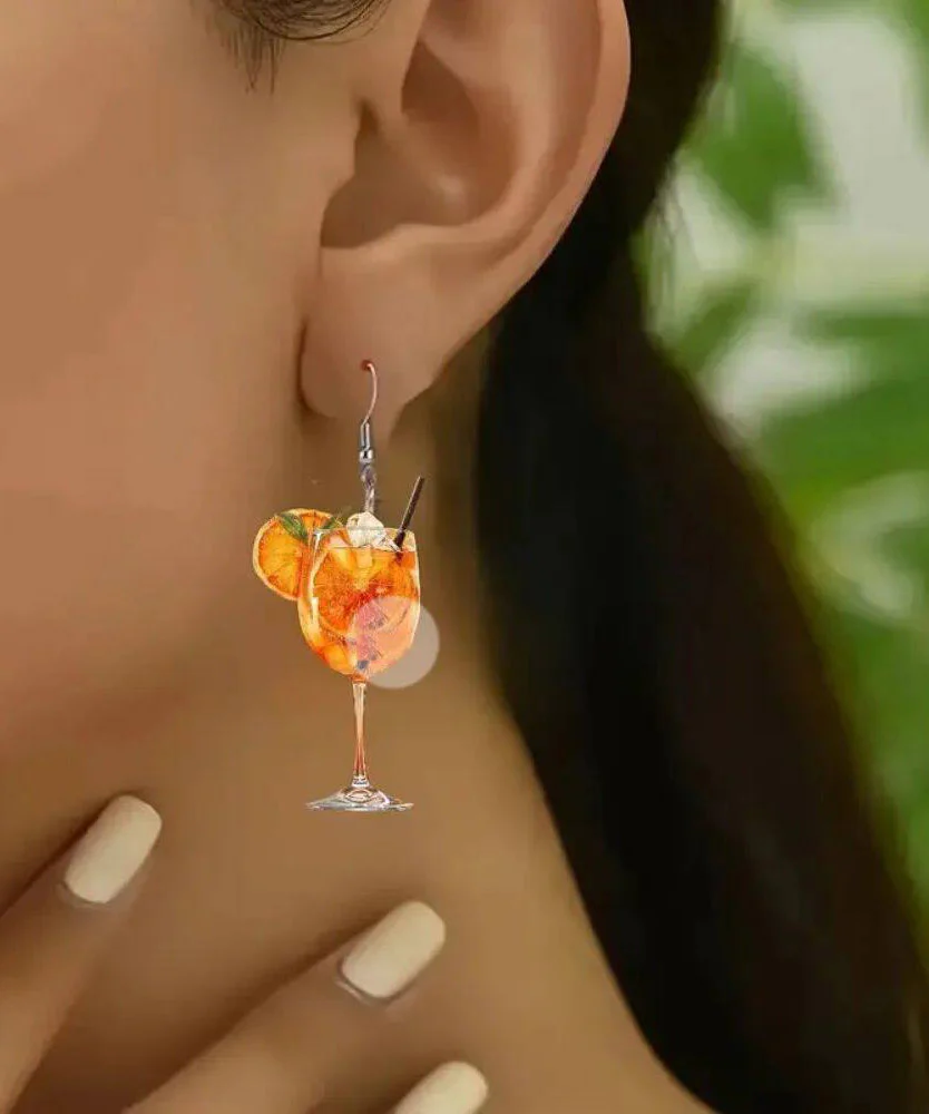 Unique Orange Stainless Steel Wine Glass Orange Juice Drop Earrings - Image 4