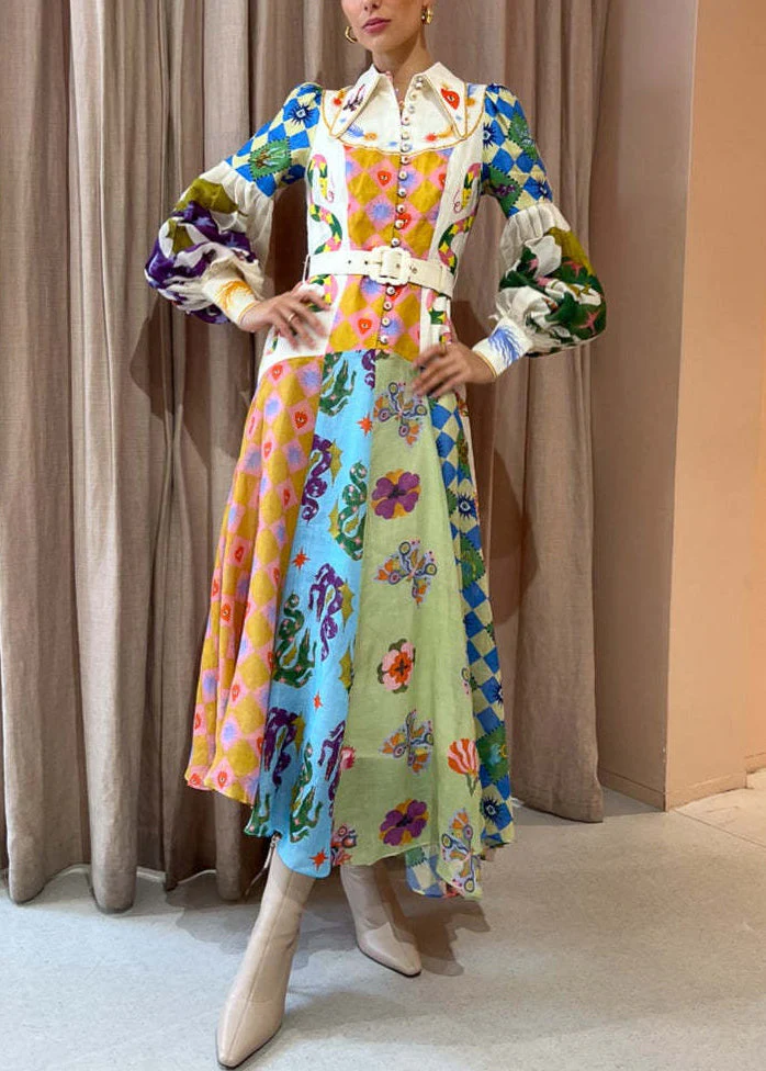 Unique Peter Pan Collar Button Print Patchwork Linen Maxi Dresses Spring - Image 2