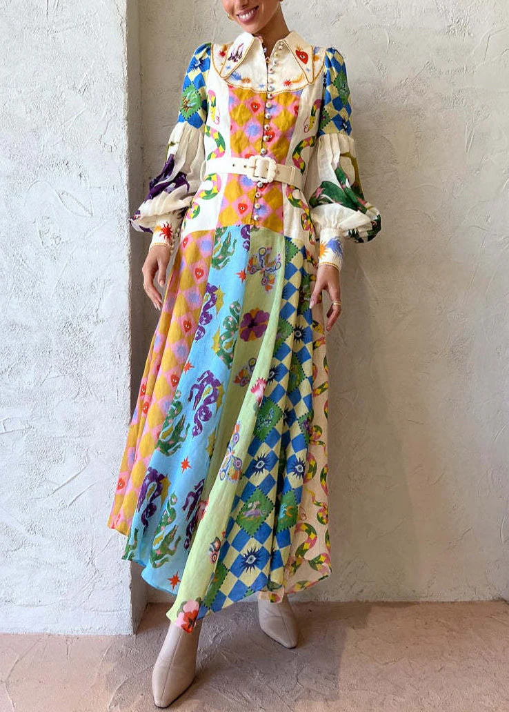 Unique Peter Pan Collar Button Print Patchwork Linen Maxi Dresses Spring - Image 3