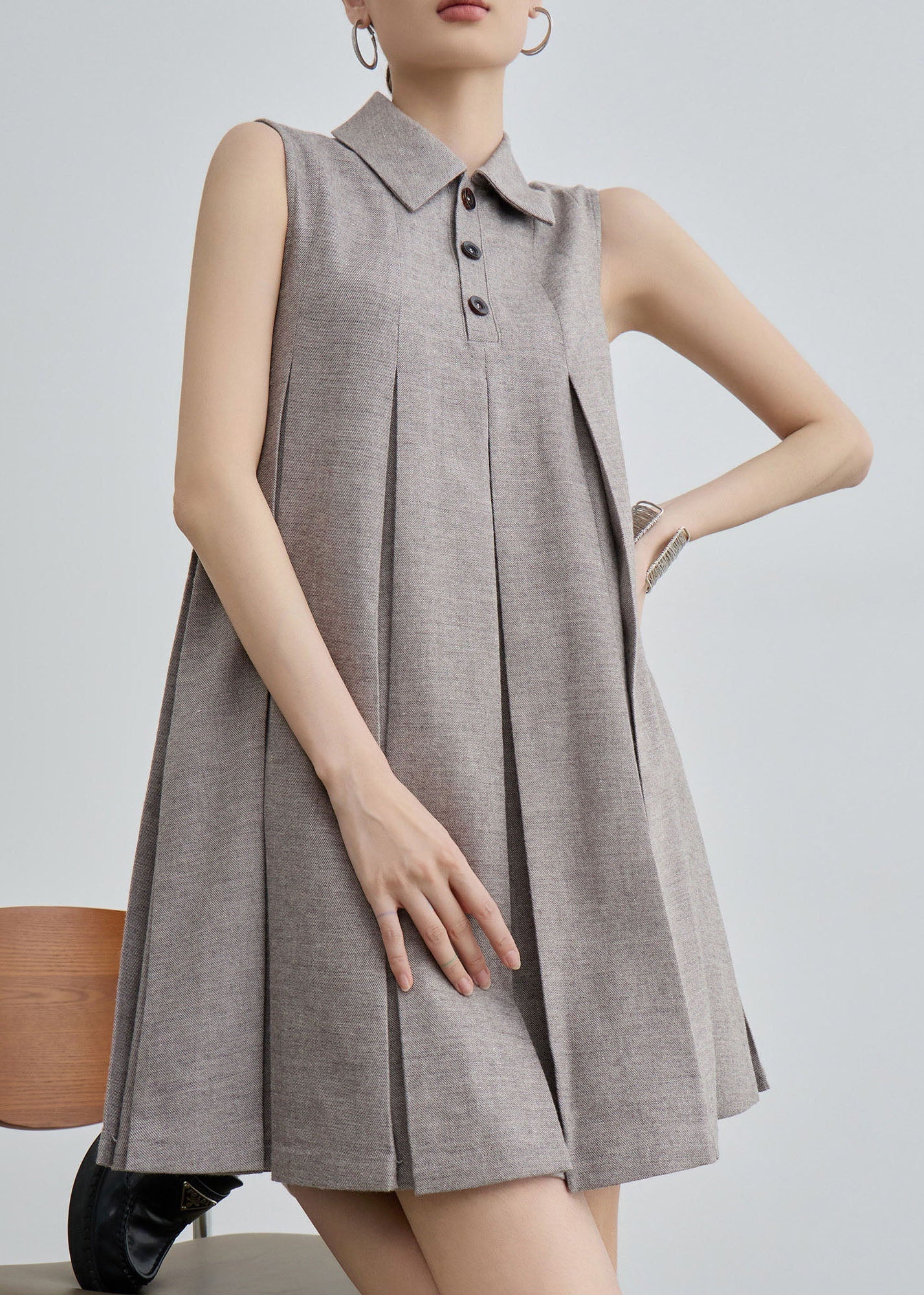 Unique Peter Pan Collar Wrinkled Cotton Mid Dresses Sleeveless - Image 2