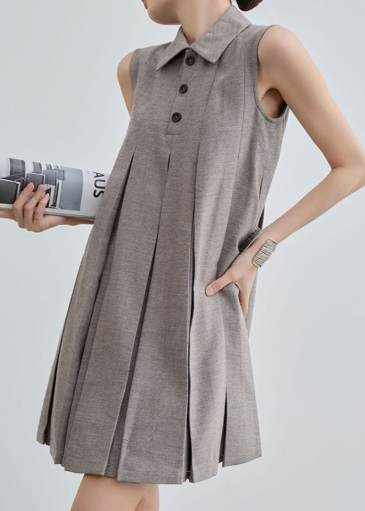 Unique Peter Pan Collar Wrinkled Cotton Mid Dresses Sleeveless - Image 3