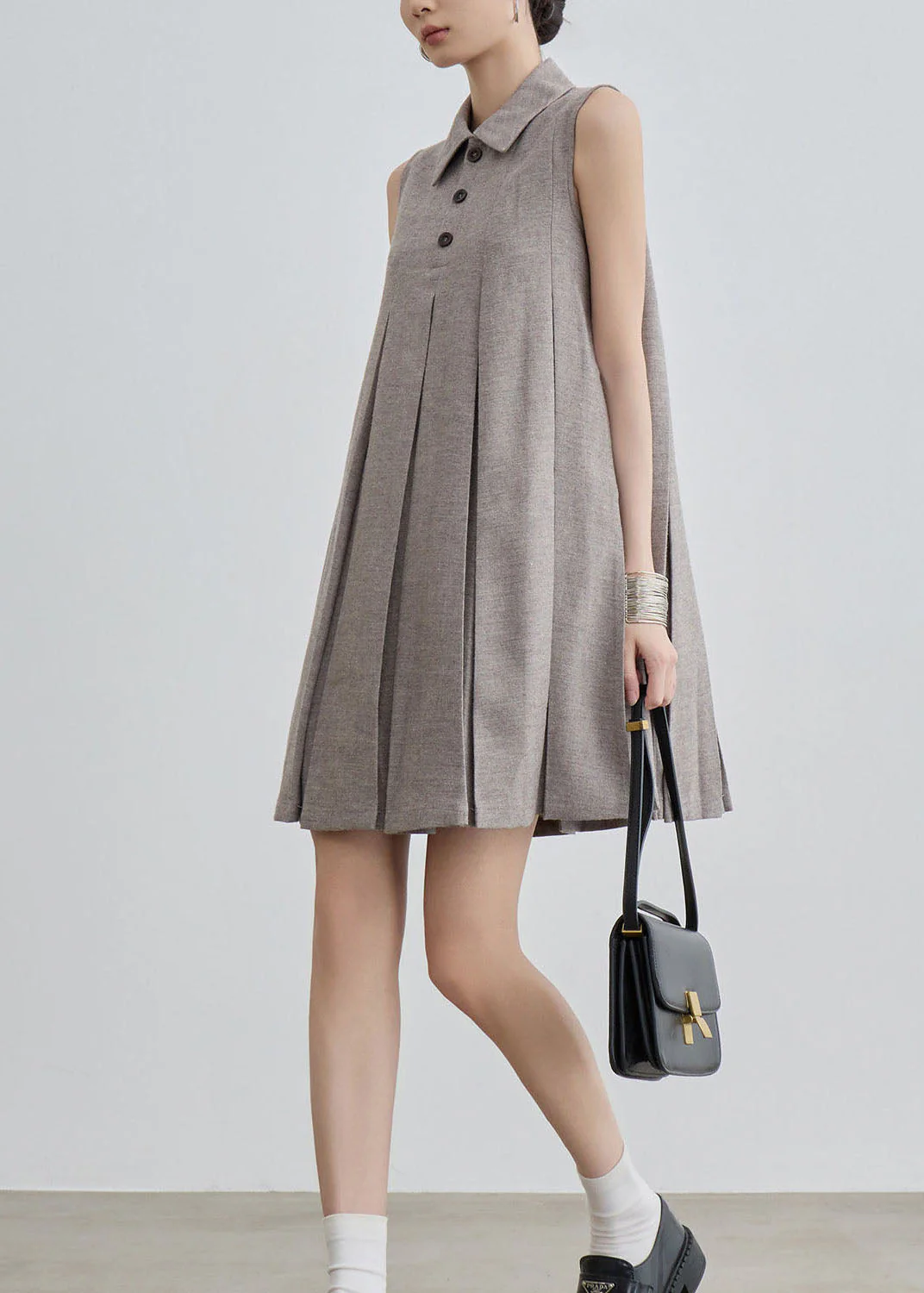 Unique Peter Pan Collar Wrinkled Cotton Mid Dresses Sleeveless - Image 5