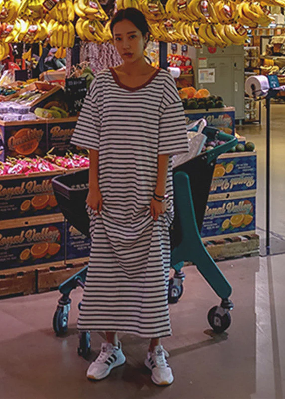 Unique Photo Color O-Neck Striped Cotton Long Dresses Half Sleeve - Image 2