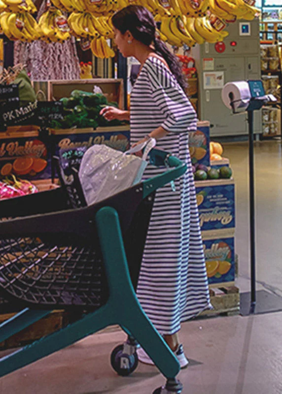 Unique Photo Color O-Neck Striped Cotton Long Dresses Half Sleeve - Image 3