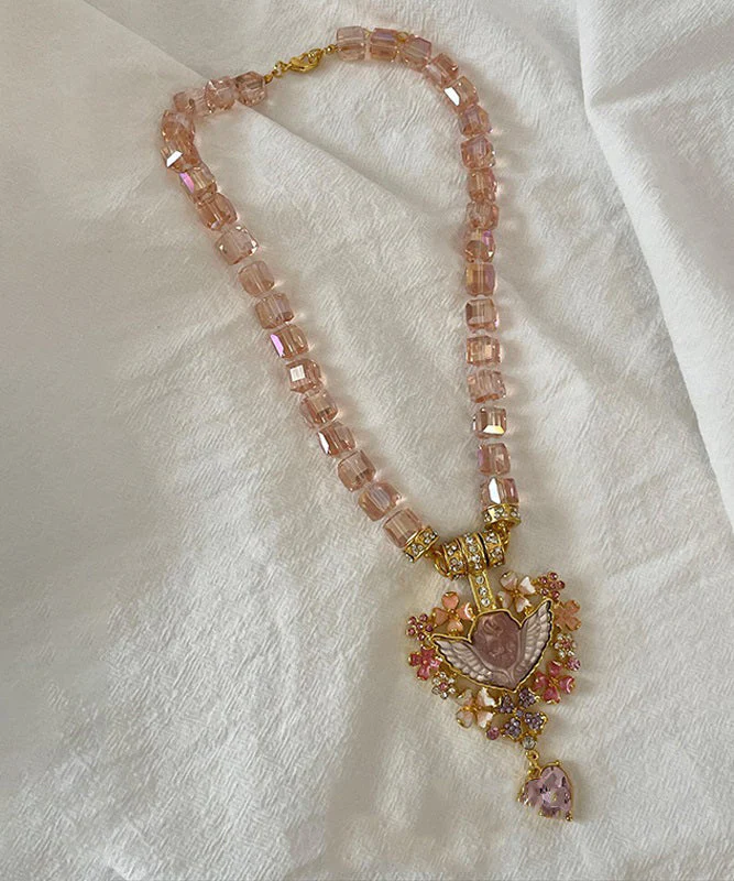 Unique Pink Alloy Acrylic Crystal Love Pendant Necklace - Image 2