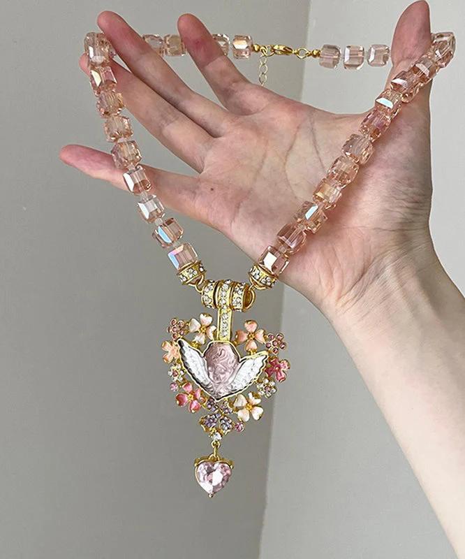 Unique Pink Alloy Acrylic Crystal Love Pendant Necklace - Image 3
