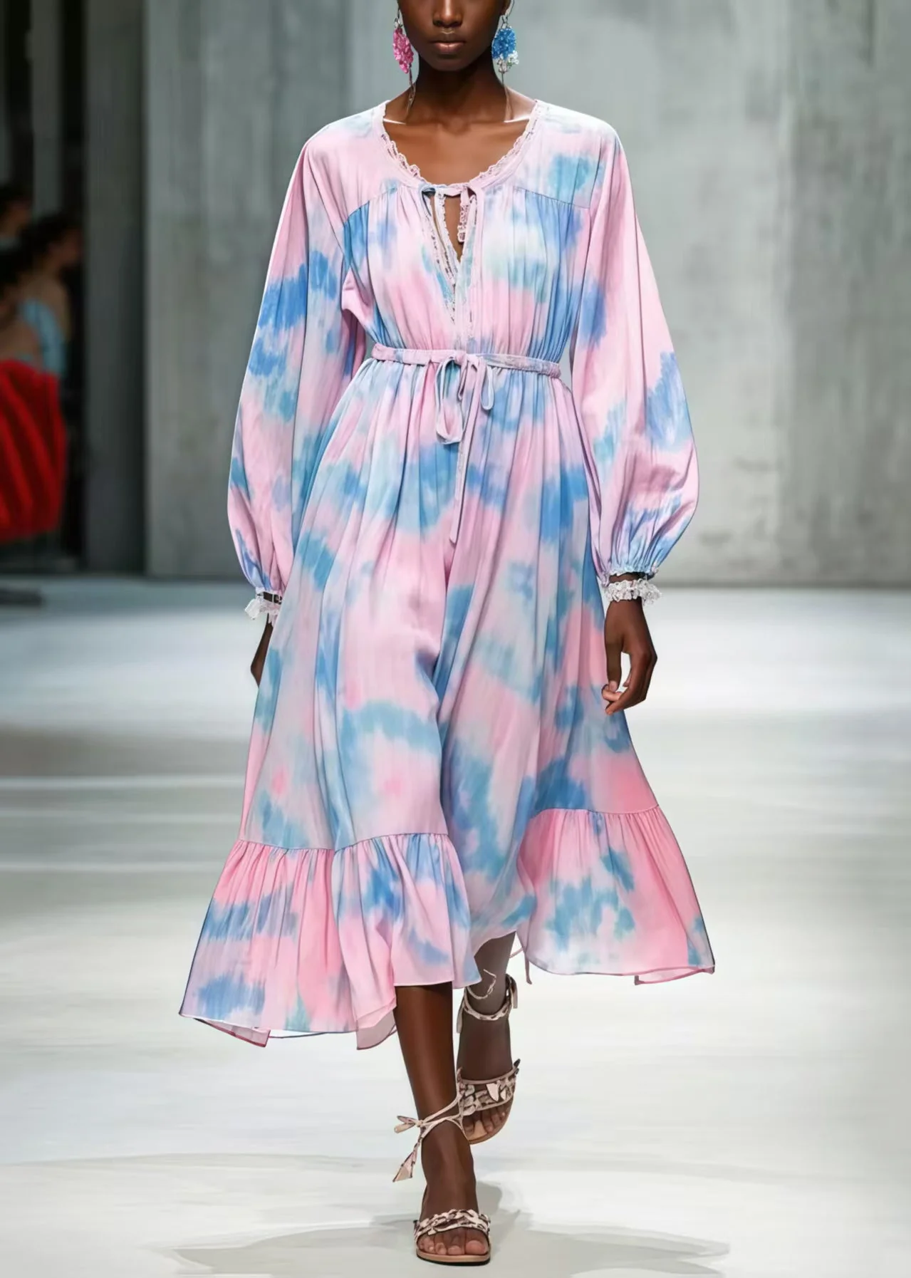 Unique Pink Cinched Tie Dye Chiffon Long Dresses Spring - Image 3
