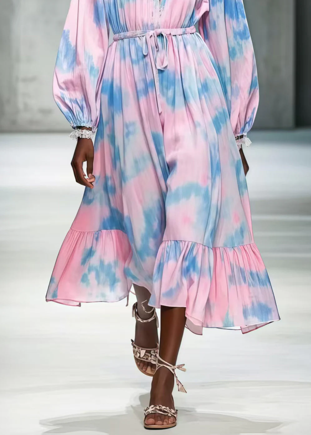 Unique Pink Cinched Tie Dye Chiffon Long Dresses Spring - Image 4