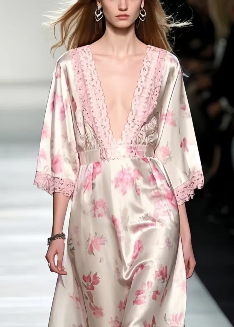 Unique Pink Print Patchwork Lace Silk Maxi Dresses Bracelet Sleeve - Image 2