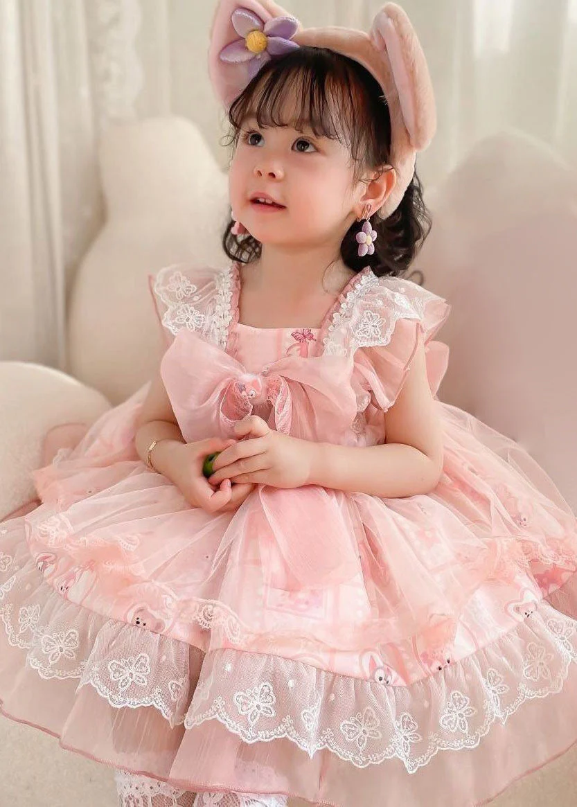 Unique Pink Ruffled Lace Cartoon Print Tulle Baby Girls Princess Dress Summer - Image 2