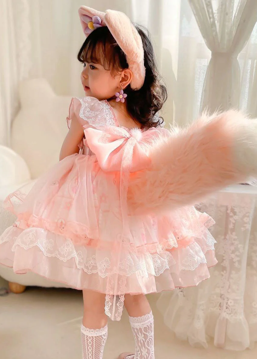 Unique Pink Ruffled Lace Cartoon Print Tulle Baby Girls Princess Dress Summer - Image 3
