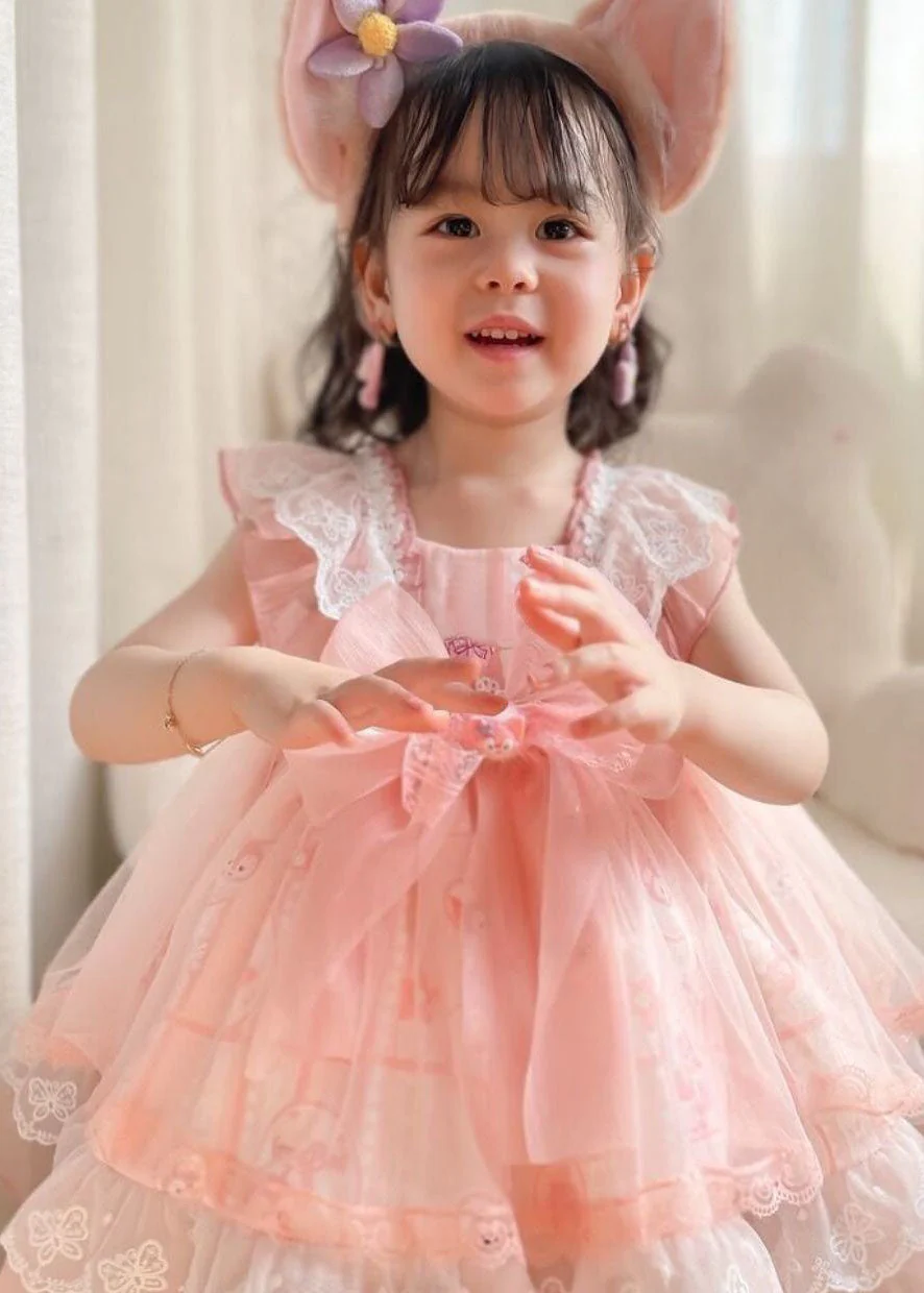 Unique Pink Ruffled Lace Cartoon Print Tulle Baby Girls Princess Dress Summer - Image 4