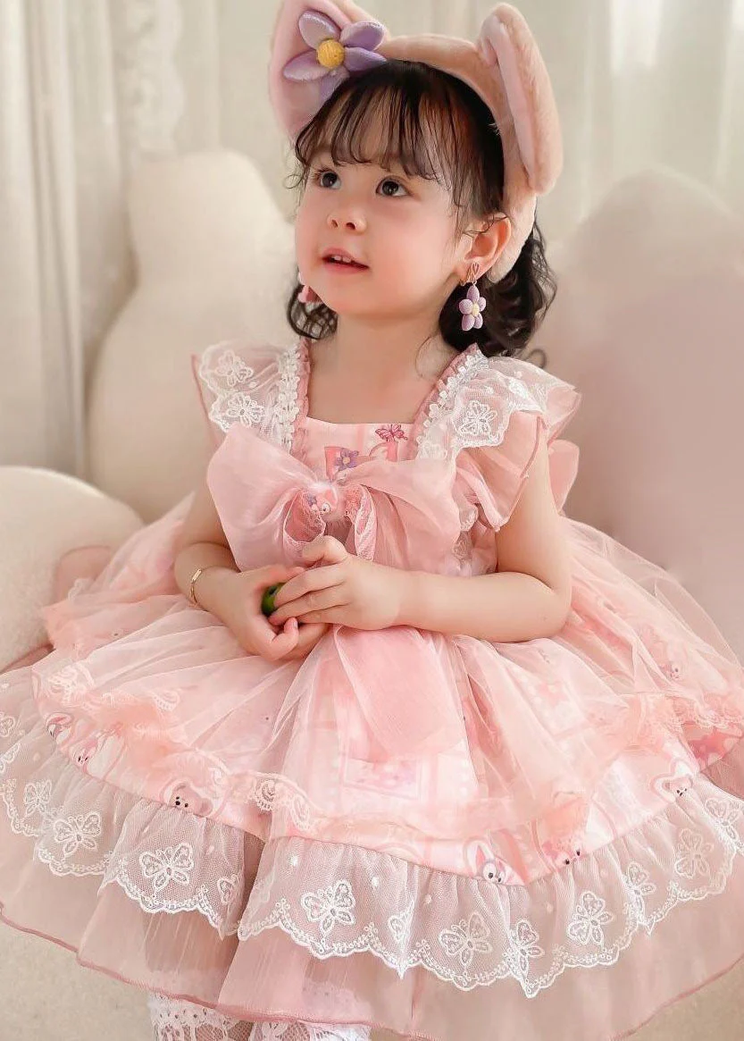 Unique Pink Ruffled Lace Cartoon Print Tulle Baby Girls Princess Dress Summer - Image 5