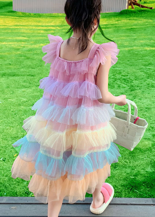 Unique Pink Ruffled Layered Patchwork Tulle Baby Girls Dress Sleeveless - Image 2