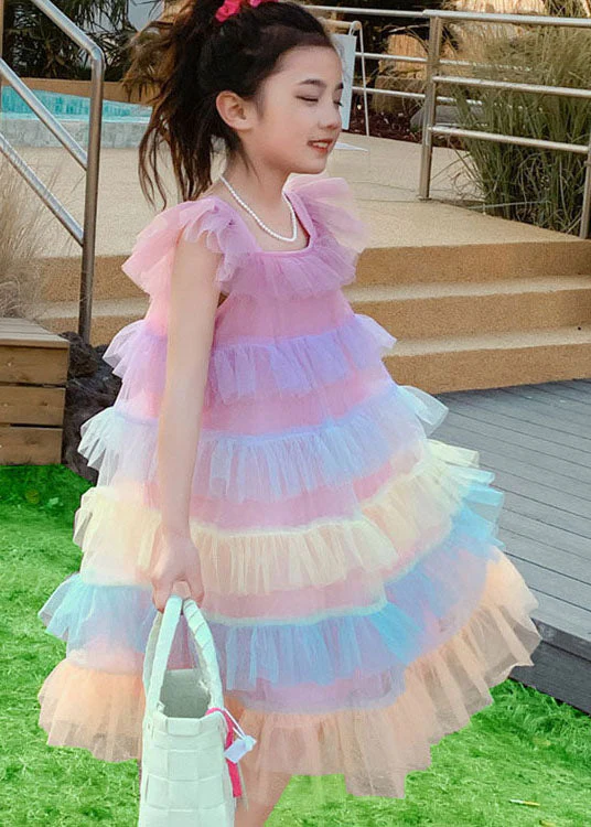 Unique Pink Ruffled Layered Patchwork Tulle Baby Girls Dress Sleeveless - Image 3