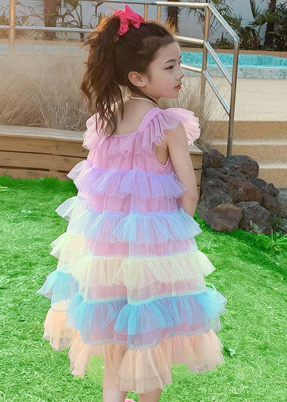 Unique Pink Ruffled Layered Patchwork Tulle Baby Girls Dress Sleeveless - Image 4