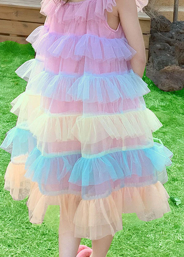 Unique Pink Ruffled Layered Patchwork Tulle Baby Girls Dress Sleeveless - Image 5