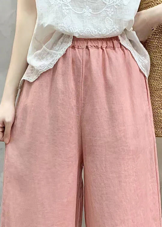 Unique Pink Ruffled Linen Straight Pants Summer - Image 3