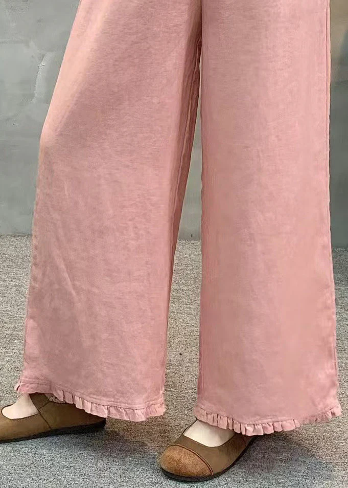 Unique Pink Ruffled Linen Straight Pants Summer - Image 4