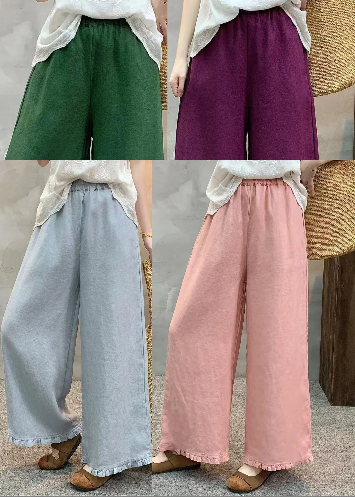 Unique Pink Ruffled Linen Straight Pants Summer - Image 5