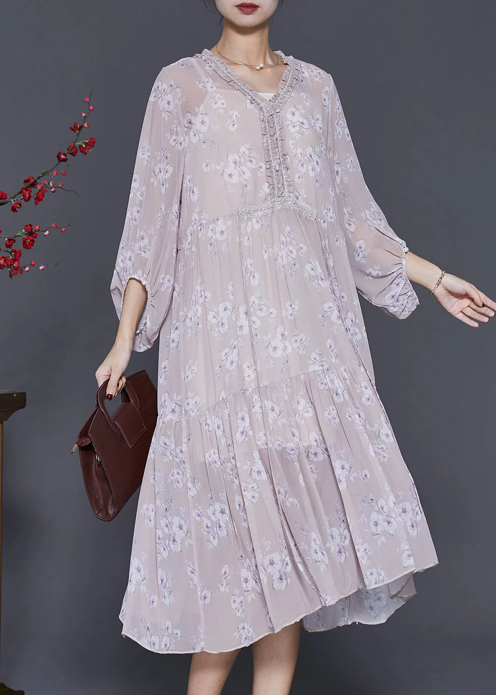 Unique Pink Ruffled Print Chiffon Maxi Dresses Bracelet Sleeve - Image 3