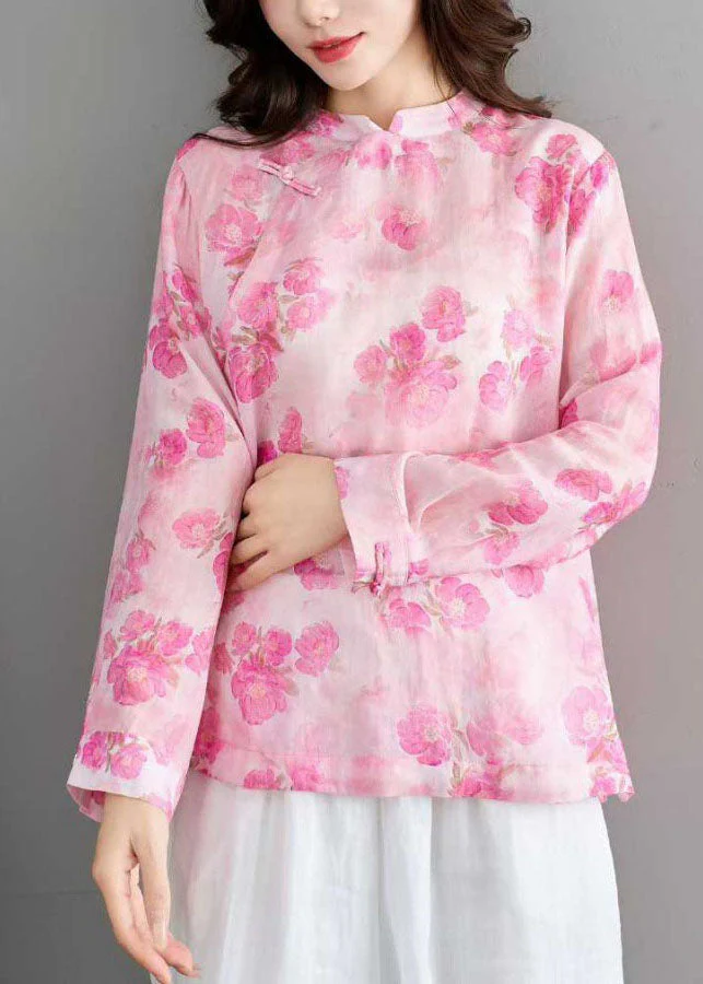 Unique Pink Stand Collar Print Linen Shirt Tops Spring - Image 2