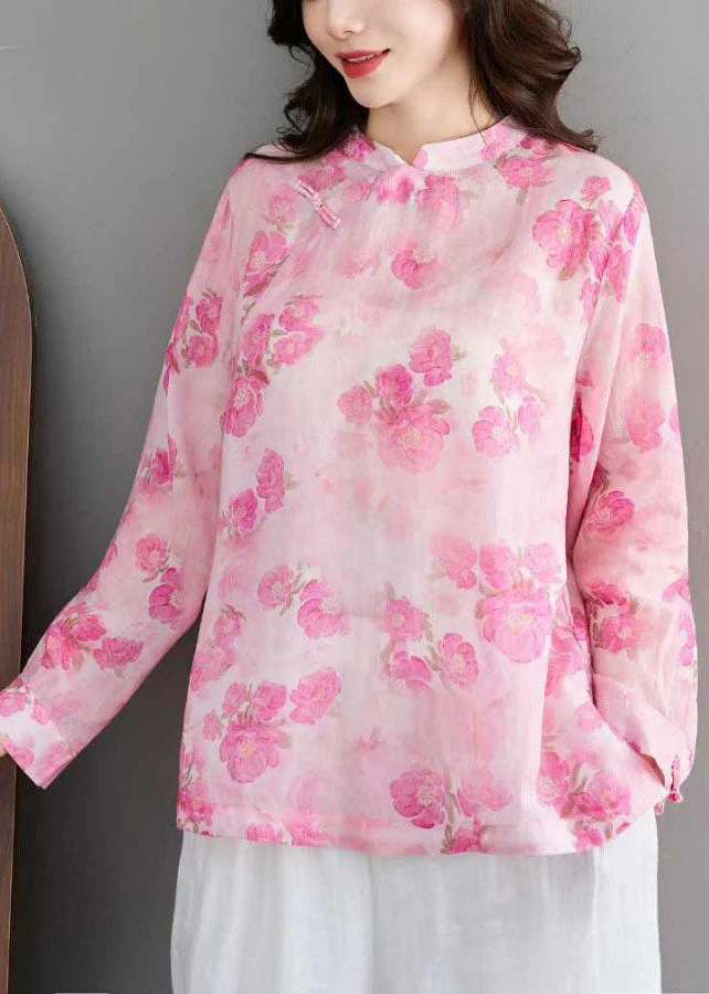 Unique Pink Stand Collar Print Linen Shirt Tops Spring - Image 3