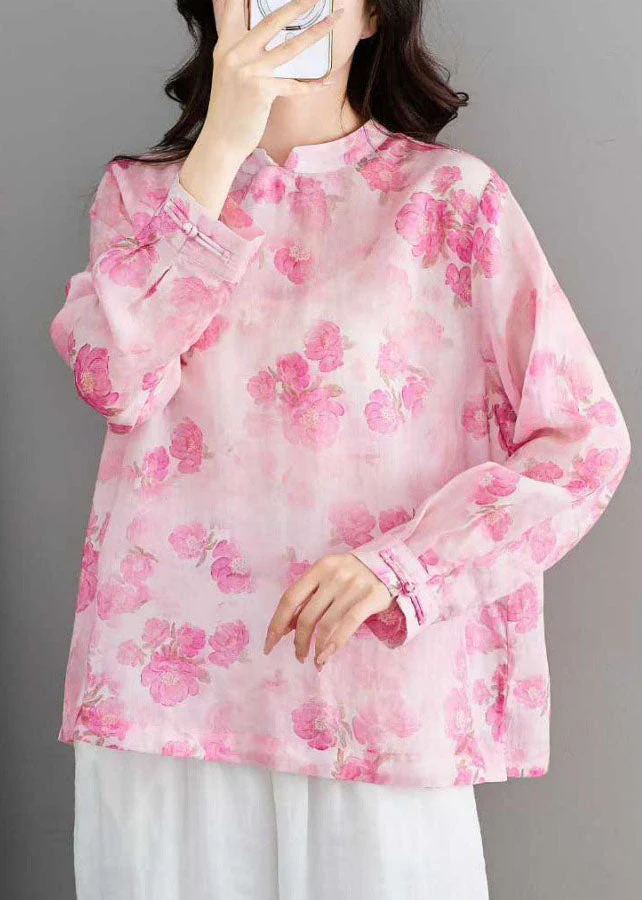 Unique Pink Stand Collar Print Linen Shirt Tops Spring - Image 4