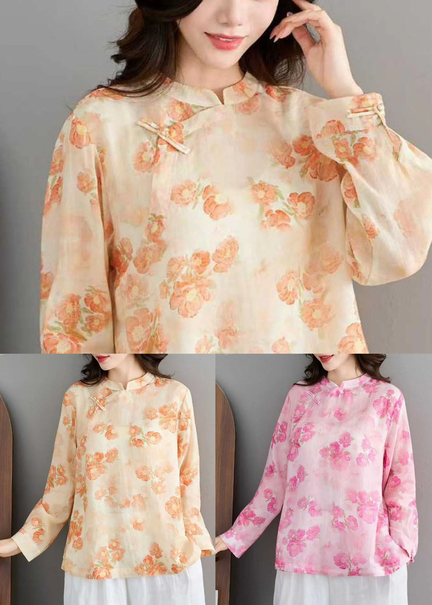 Unique Pink Stand Collar Print Linen Shirt Tops Spring - Image 5