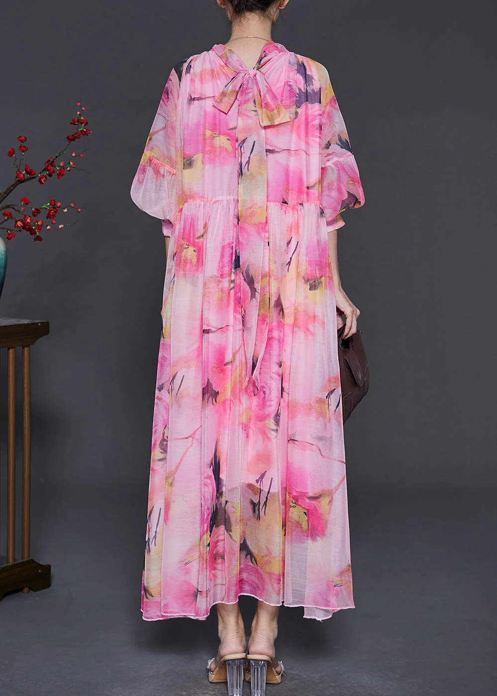 Unique Pink Turtle Neck Print Chiffon Dress Lantern Sleeve - Image 4