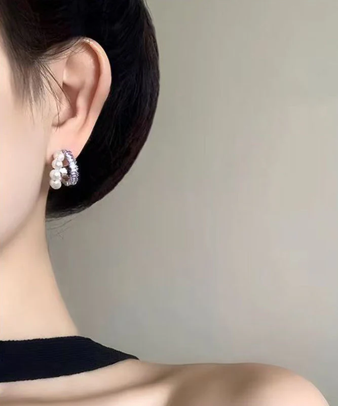 Unique Purple Copper Overgild Zircon Pearl Hoop Earrings - Image 5
