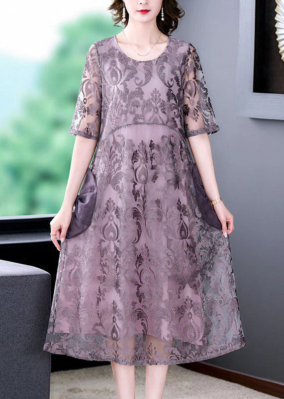 Unique Purple Embroideried Pockets Patchwork Silk Dresses Summer - Image 2