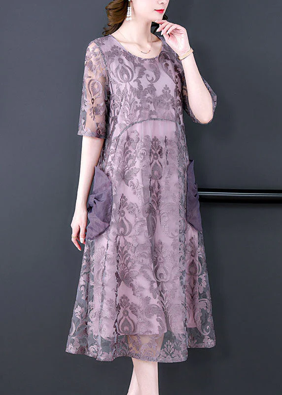 Unique Purple Embroideried Pockets Patchwork Silk Dresses Summer - Image 3