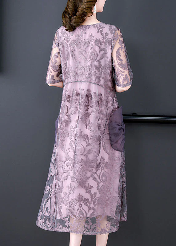 Unique Purple Embroideried Pockets Patchwork Silk Dresses Summer - Image 4