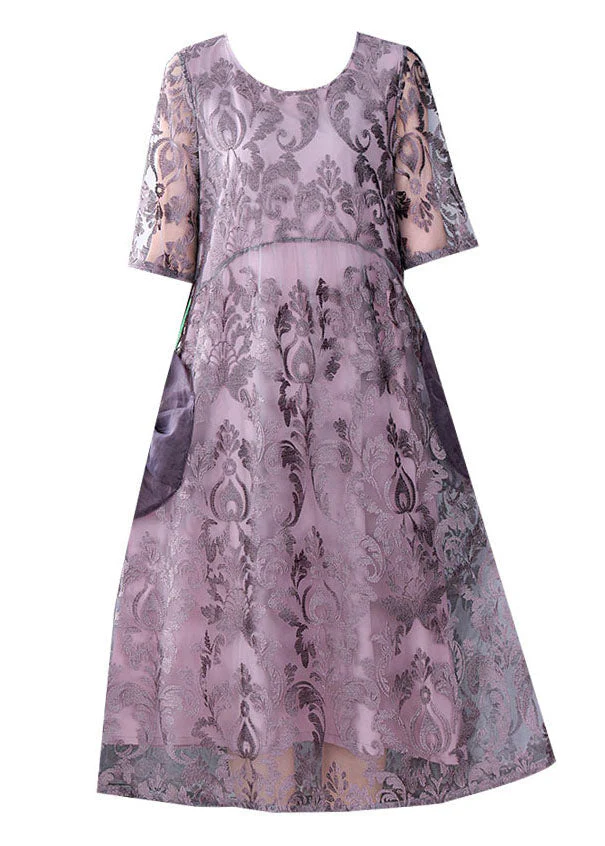 Unique Purple Embroideried Pockets Patchwork Silk Dresses Summer - Image 5