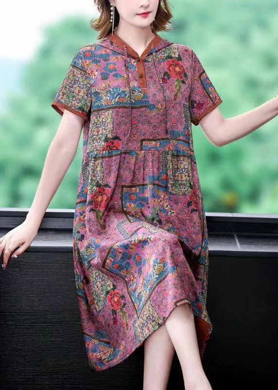 Unique Purple Hooded Print Wrinkled Patchwork Silk Dress Summer - Image 2